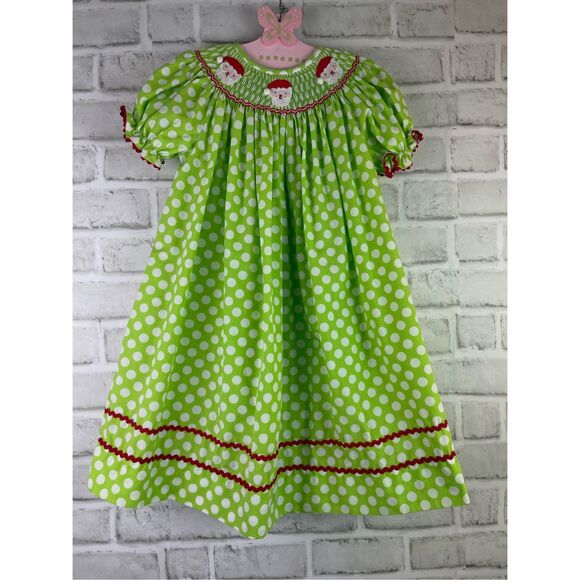 Smockadot Kids Size 3T Santa Face Embroidered on Green White Dotted Dress - Picture 8 of 8